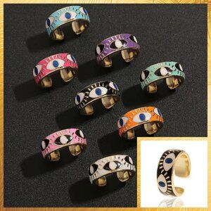 Evil Eye Enamel and Copper Adjustable Ring #1209 BLACK